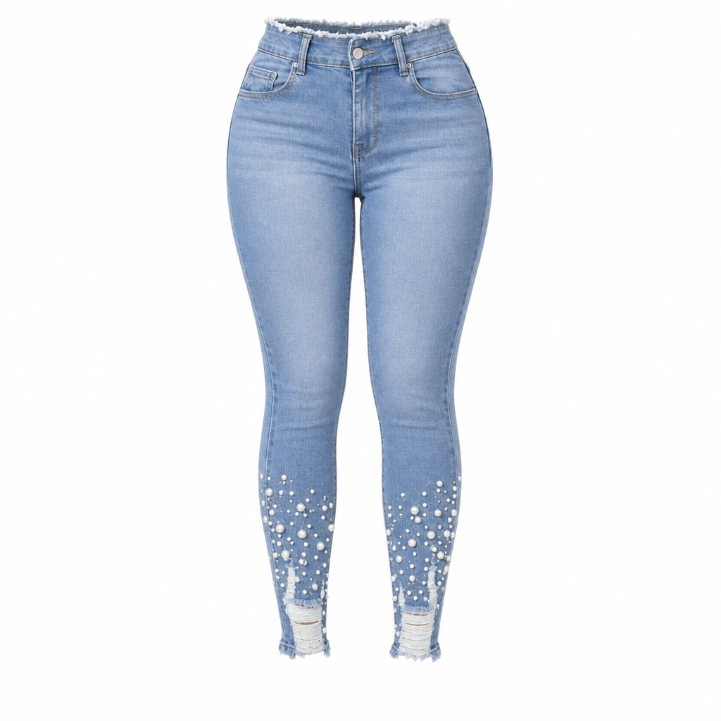 🔥Women's Light Blue Pearl-Embellished Slim-Fit Skinny Jeans