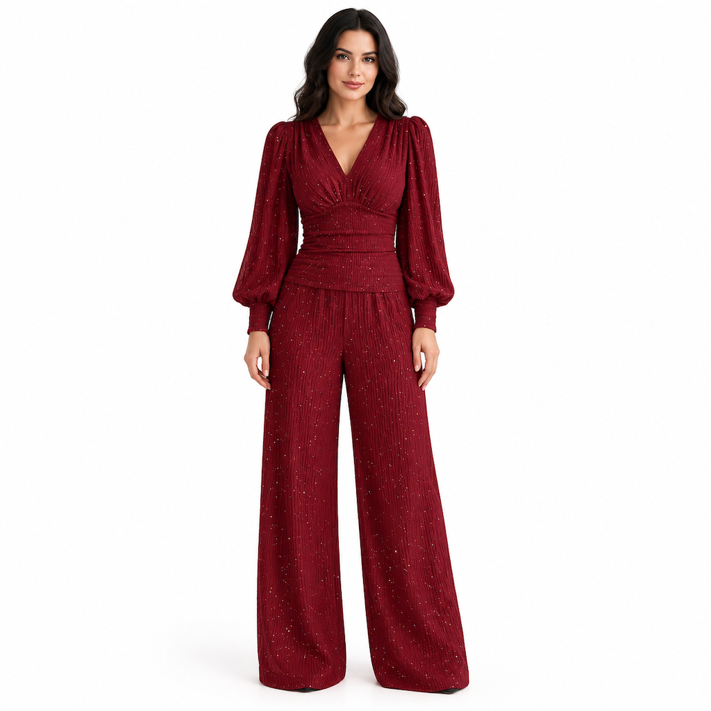 ✨ Women's Deep V-Neck Lantern Sleeve Ruched Top & Pocket Wide-Leg Pants Set