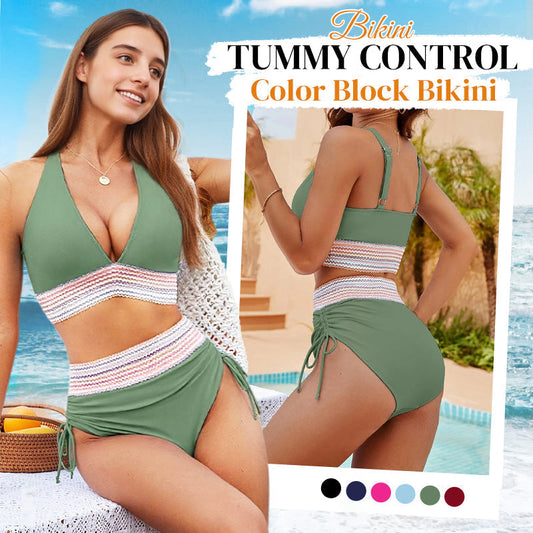 💥👙Set de bikini cu talie înaltă, care subliniază talia, în culori contrastante