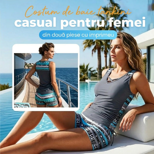 🩱 Tankini damă 2 piese cu imprimeu, costum de baie confortabil