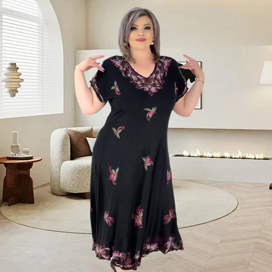 🌺Плюс размер V-образно деколте отпечатани Flowy Midi рокля