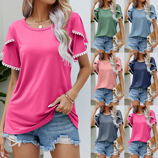 💖Кръгло деколте Pom Pom Trimmed Sleeve Women's Top