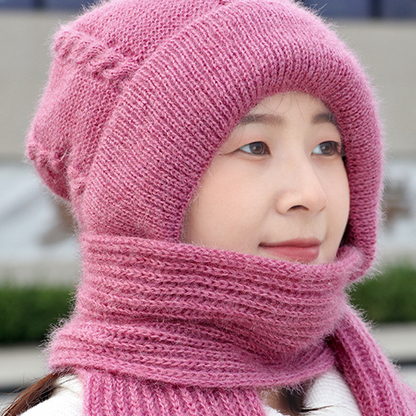 👒 2-in-1 Hooded Knit Hat with Neck Warmer—Thick Knit, Windproof and Warm 🧣