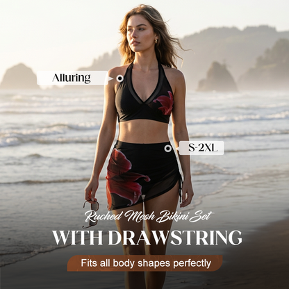 👙🌊Set de bikini din plasă cu pliuri, prevăzut cu șnururi de strângere