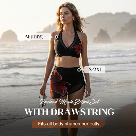 👙🌊Set de bikini din plasă cu pliuri, prevăzut cu șnururi de strângere