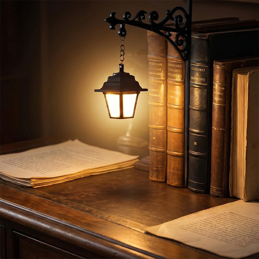 📚 Miniaturowa, retro lampka – podpórka do książek w kształcie latarni ulicznej – dekoracyjna i z ciepłym światłem ✨
