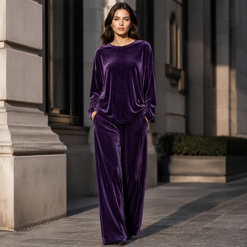 💃 Women's Velvet Long Sleeve Top & Wide-Leg Pants Set