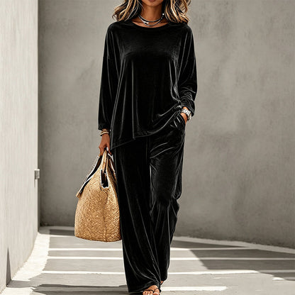 💃 Women's Velvet Long Sleeve Top & Wide-Leg Pants Set