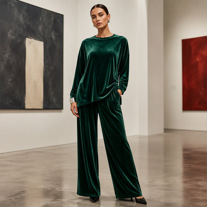💃 Women's Velvet Long Sleeve Top & Wide-Leg Pants Set