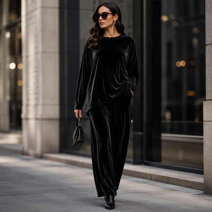 💃 Women's Velvet Long Sleeve Top & Wide-Leg Pants Set
