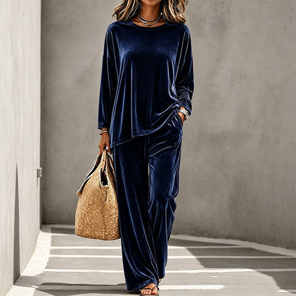 💃 Women's Velvet Long Sleeve Top & Wide-Leg Pants Set