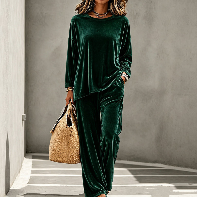 💃 Women's Velvet Long Sleeve Top & Wide-Leg Pants Set