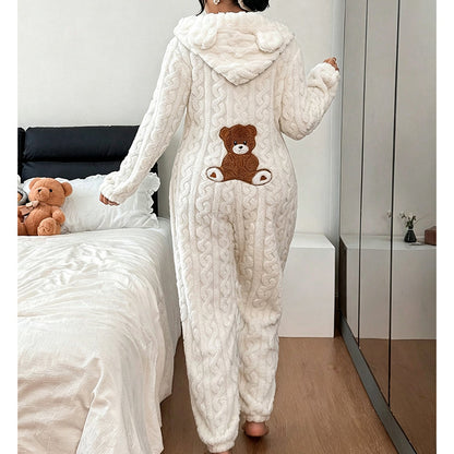 💖🐻 Playful Comfort | Women's Bear-Embroidered Cable-Knit Hooded Loungewear