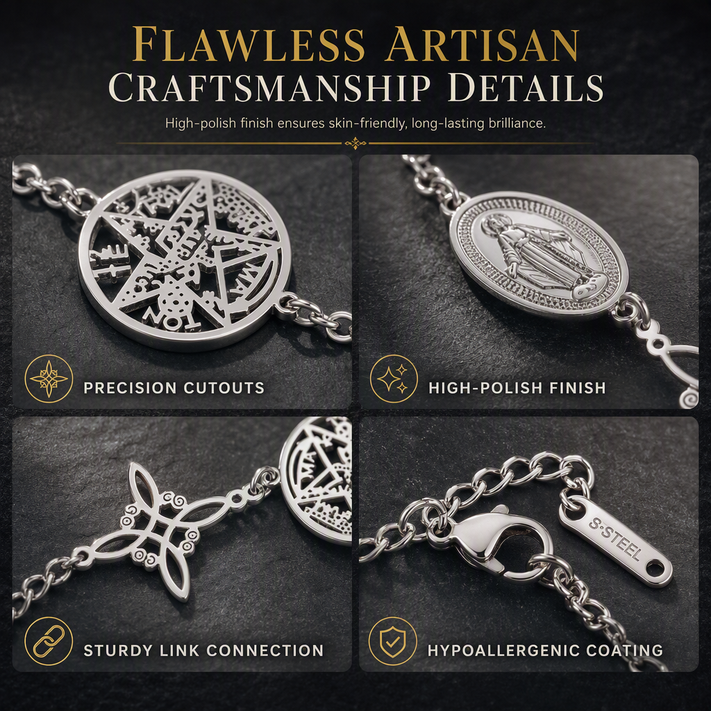 Adjustable Stainless Steel Chain Charm Bracelet featuring Cross Pentagram and Witch Knot Pendants