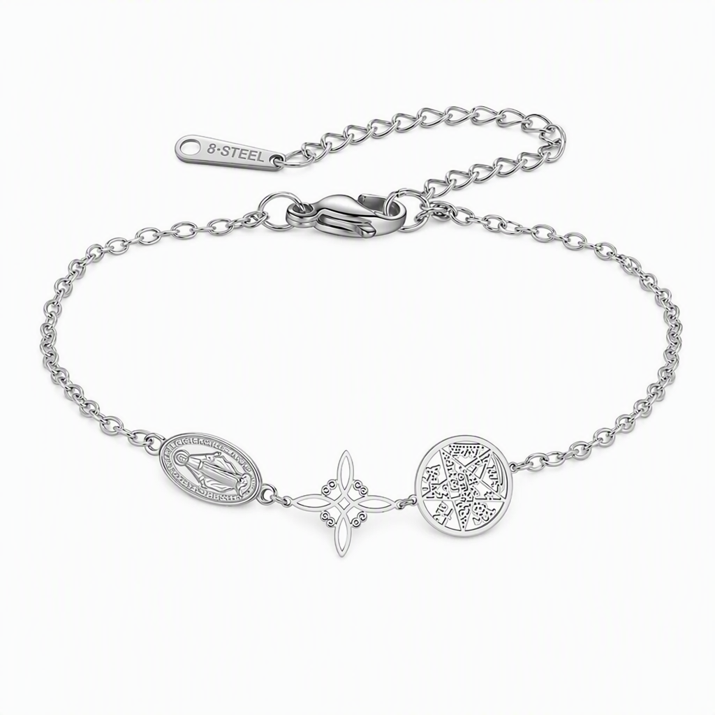 Adjustable Stainless Steel Chain Charm Bracelet featuring Cross Pentagram and Witch Knot Pendants
