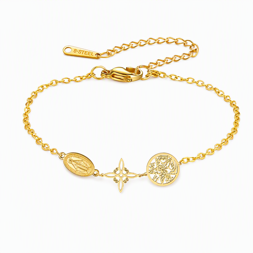 Adjustable Stainless Steel Chain Charm Bracelet featuring Cross Pentagram and Witch Knot Pendants