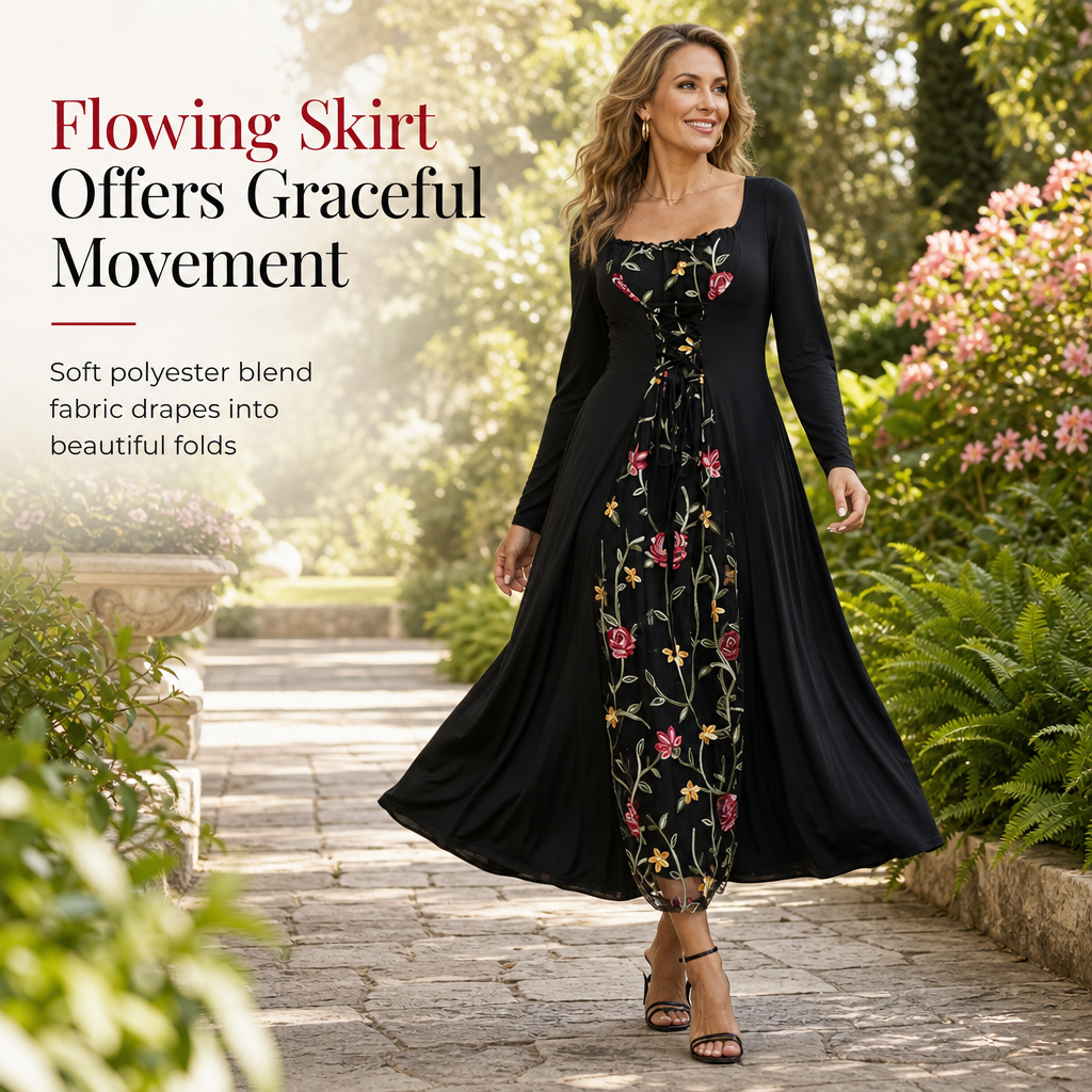 Black Long Sleeve Square Neck Lace Up Corset Maxi Dress with Floral Embroidered Mesh Panel
