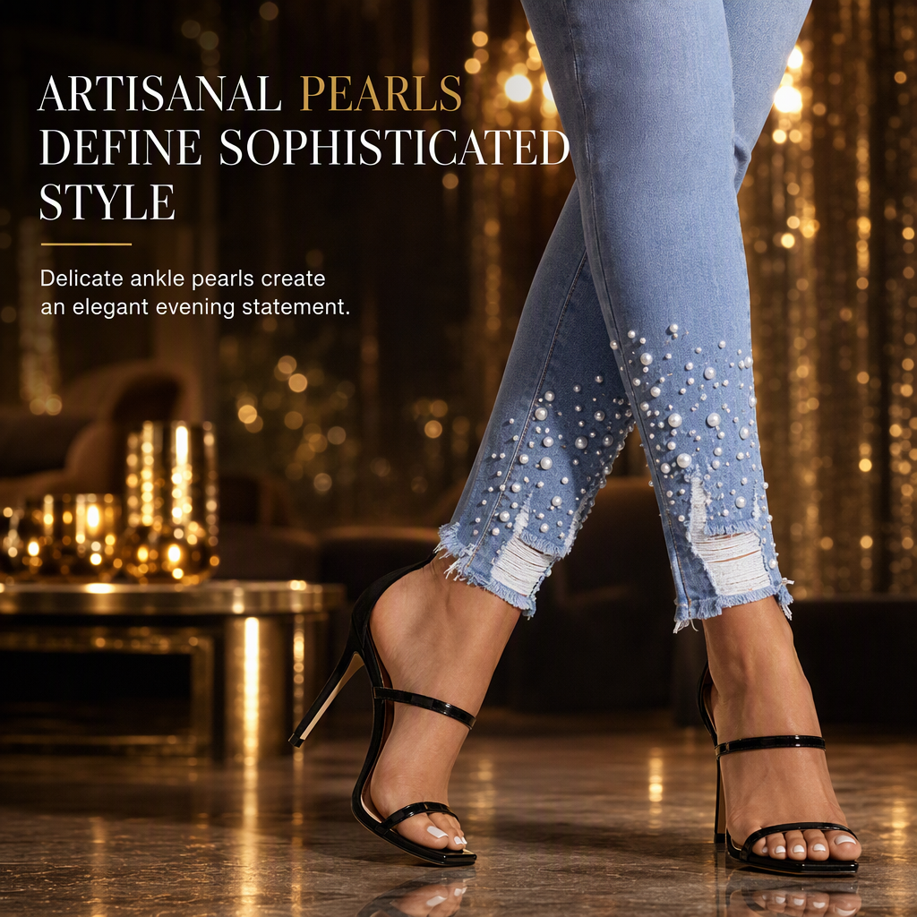 🔥Women's Light Blue Pearl-Embellished Slim-Fit Skinny Jeans