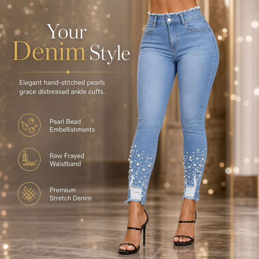 🔥Women's Light Blue Pearl-Embellished Slim-Fit Skinny Jeans
