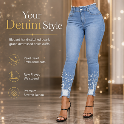 🔥Women's Light Blue Pearl-Embellished Slim-Fit Skinny Jeans