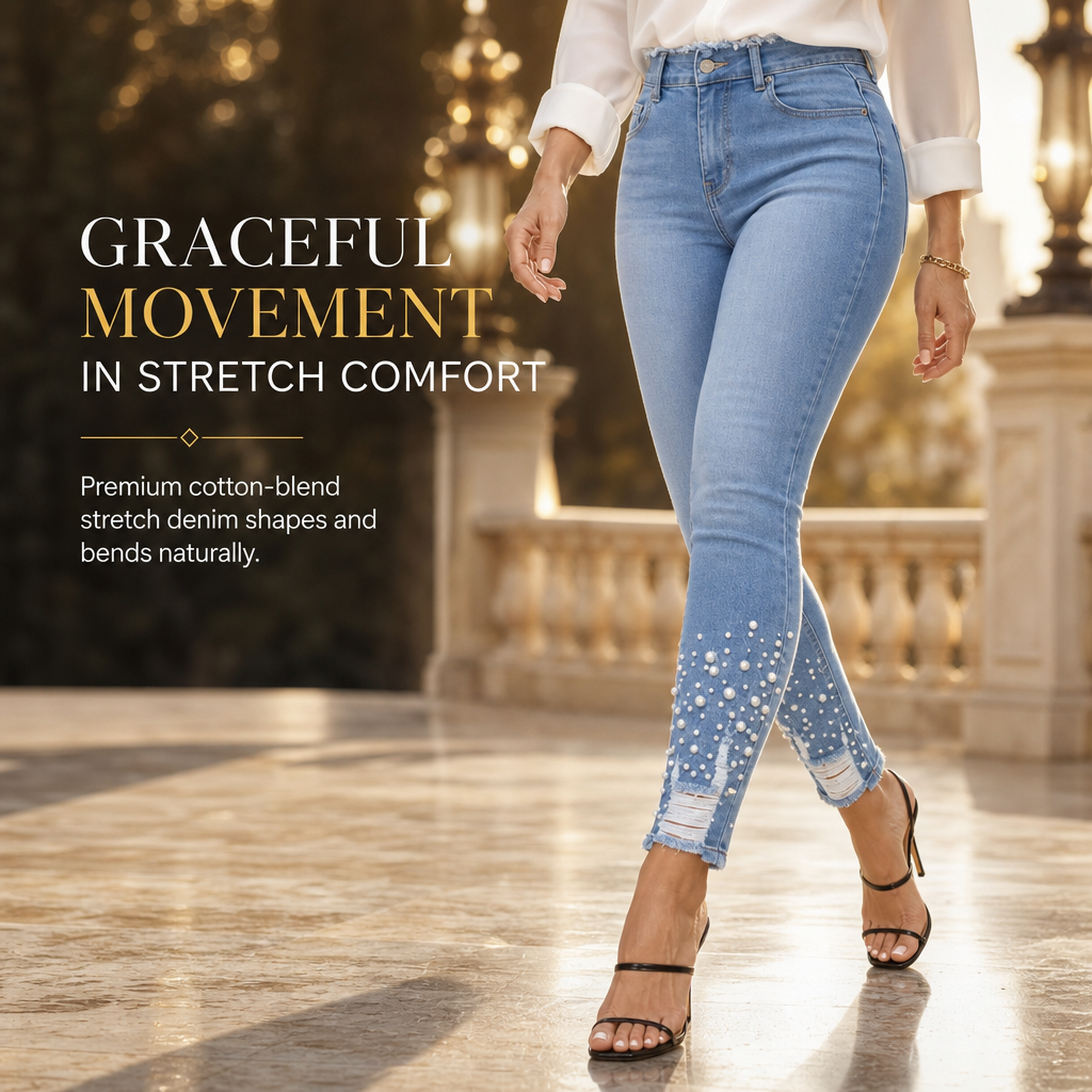 🔥Women's Light Blue Pearl-Embellished Slim-Fit Skinny Jeans