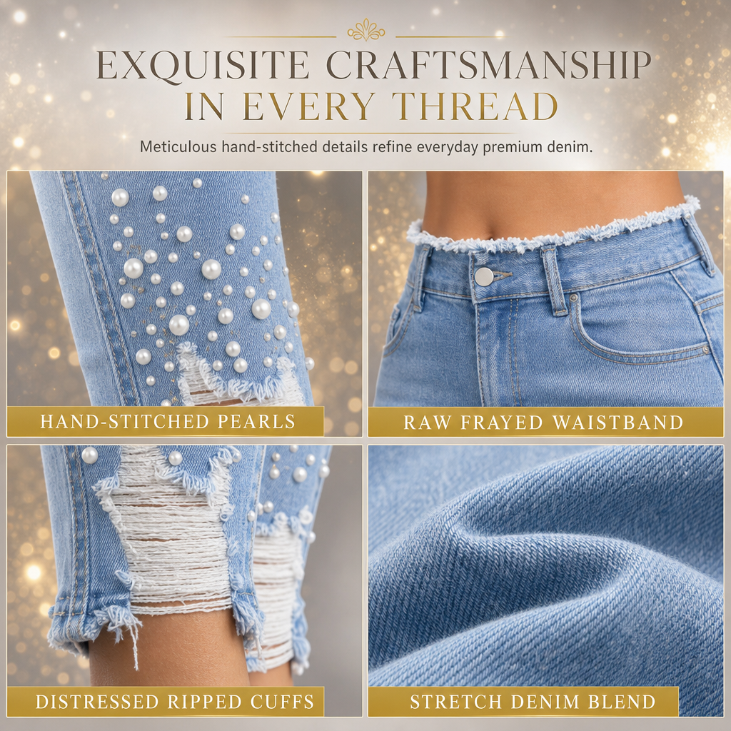 🔥Women's Light Blue Pearl-Embellished Slim-Fit Skinny Jeans