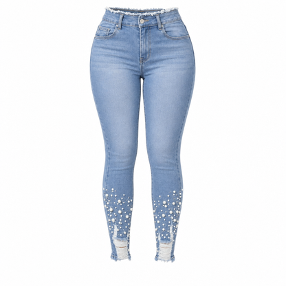 🔥Women's Light Blue Pearl-Embellished Slim-Fit Skinny Jeans