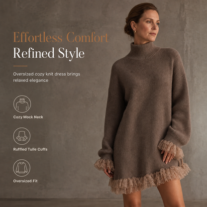 ✨Oversized Mock Neck Knit Sweater Dress with Ruffle Tulle Trim