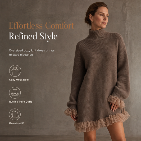 ✨Oversized Mock Neck Knit Sweater Dress with Ruffle Tulle Trim