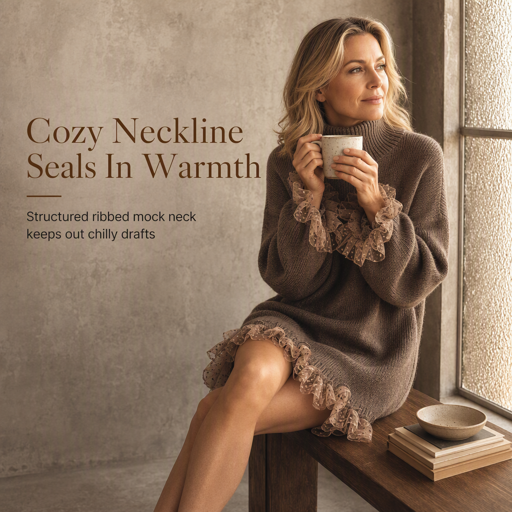 ✨Oversized Mock Neck Knit Sweater Dress with Ruffle Tulle Trim