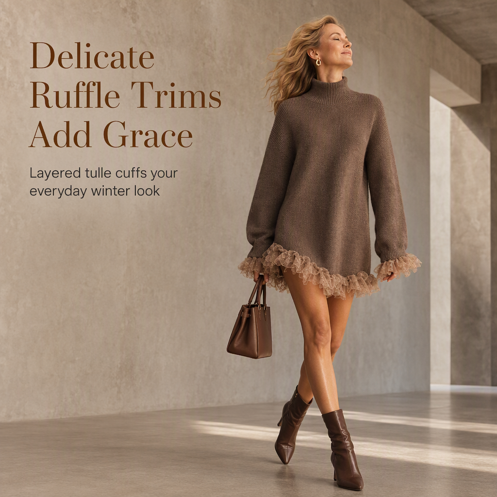 ✨Oversized Mock Neck Knit Sweater Dress with Ruffle Tulle Trim