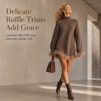 ✨Oversized Mock Neck Knit Sweater Dress with Ruffle Tulle Trim
