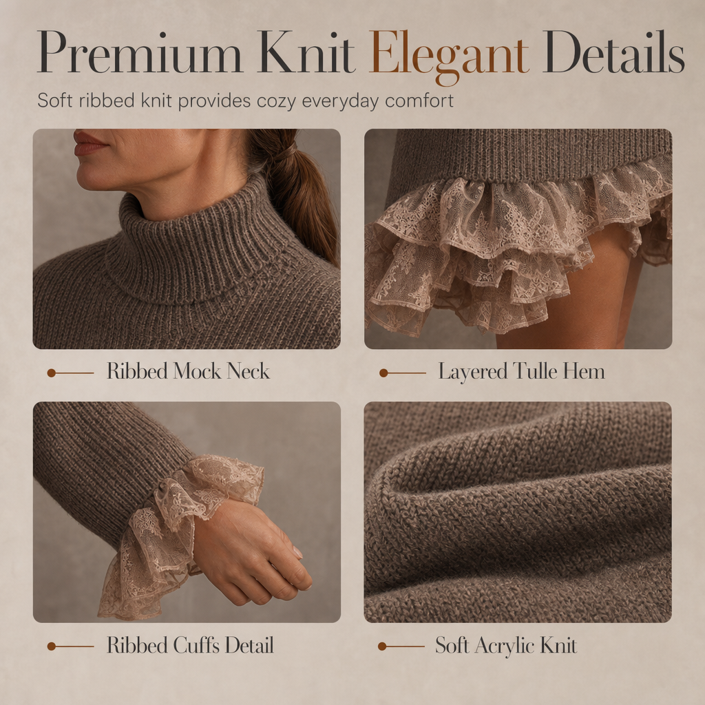 ✨Oversized Mock Neck Knit Sweater Dress with Ruffle Tulle Trim