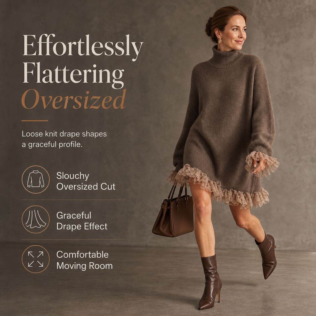 ✨Oversized Mock Neck Knit Sweater Dress with Ruffle Tulle Trim