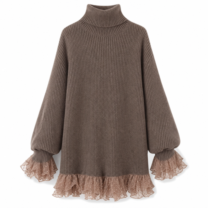 ✨Oversized Mock Neck Knit Sweater Dress with Ruffle Tulle Trim
