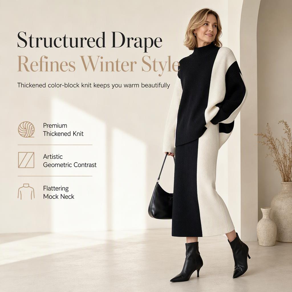 💖 Women's Autumn Winter Color Block Knit 2-Piece Set Thickened Pullover Sweater and Skirt