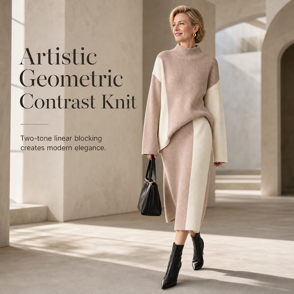 💖 Women's Autumn Winter Color Block Knit 2-Piece Set Thickened Pullover Sweater and Skirt