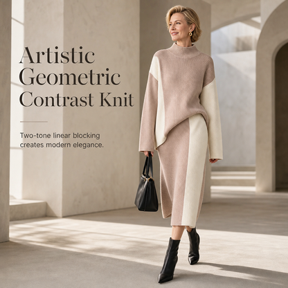 💖 Women's Autumn Winter Color Block Knit 2-Piece Set Thickened Pullover Sweater and Skirt