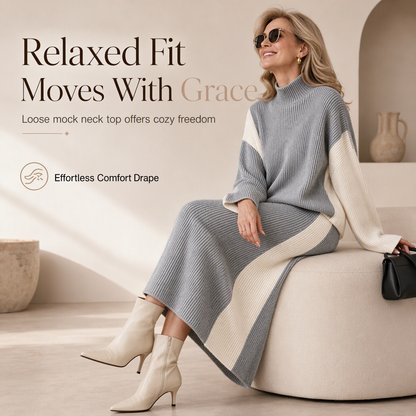 💖 Women's Autumn Winter Color Block Knit 2-Piece Set Thickened Pullover Sweater and Skirt