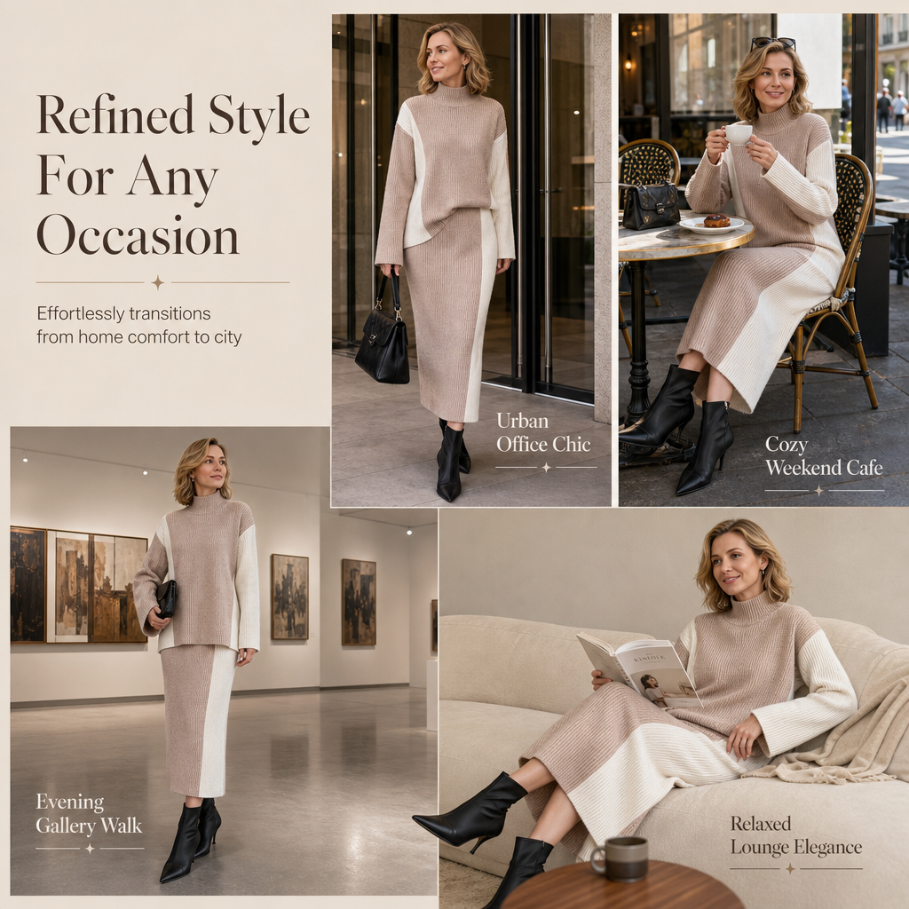 💖 Women's Autumn Winter Color Block Knit 2-Piece Set Thickened Pullover Sweater and Skirt