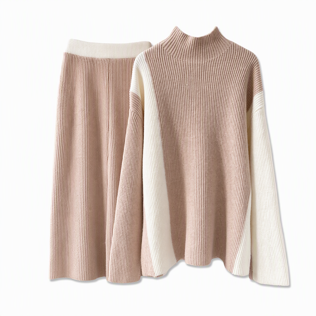 💖 Women's Autumn Winter Color Block Knit 2-Piece Set Thickened Pullover Sweater and Skirt