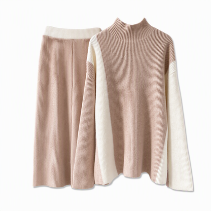 💖 Women's Autumn Winter Color Block Knit 2-Piece Set Thickened Pullover Sweater and Skirt