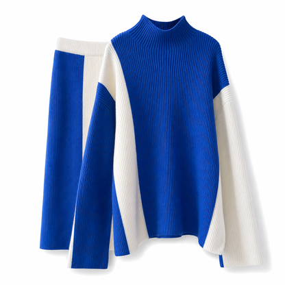 💖 Women's Autumn Winter Color Block Knit 2-Piece Set Thickened Pullover Sweater and Skirt