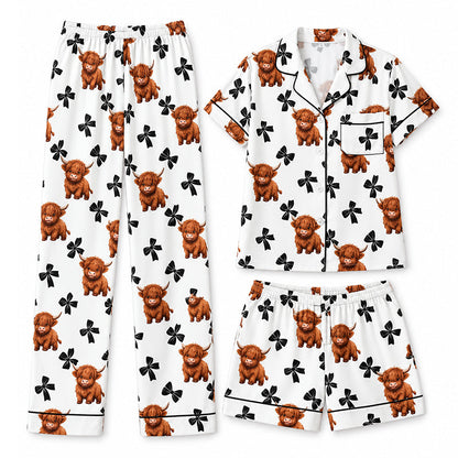 🐮Cute Highland Cow Print, 3-Piece Fun Pajama Set – Cozy Lounge & Sleepwear ✨