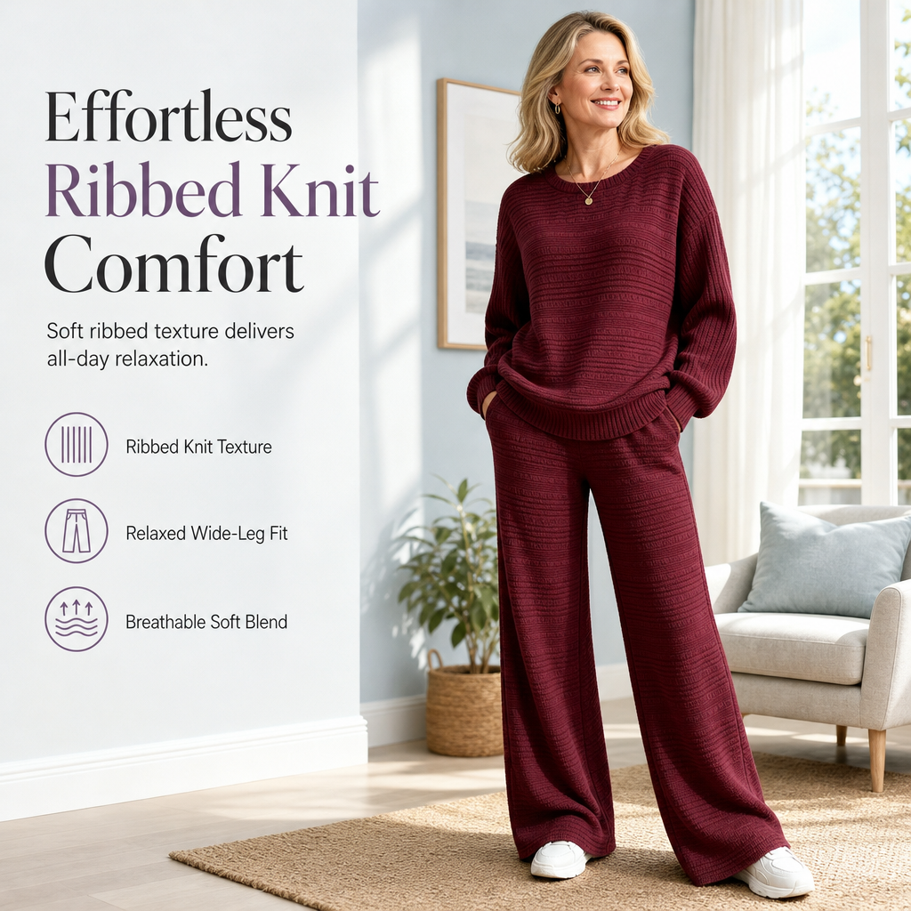 ✨Women's Autumn Winter Ribbed Knit Two Piece Set Casual Long Sleeve Top and Wide Leg Pants