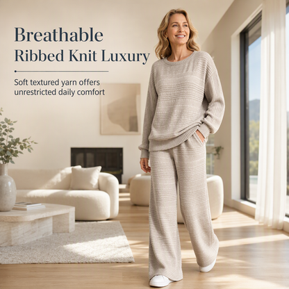 ✨Women's Autumn Winter Ribbed Knit Two Piece Set Casual Long Sleeve Top and Wide Leg Pants
