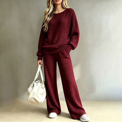 ✨Women's Autumn Winter Ribbed Knit Two Piece Set Casual Long Sleeve Top and Wide Leg Pants