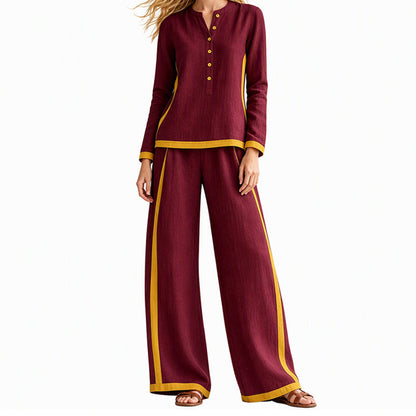 🔥Women's Colorblock Long Sleeve Top & Wide-Leg Pants Set✨
