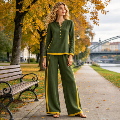 🔥Women's Colorblock Long Sleeve Top & Wide-Leg Pants Set✨
