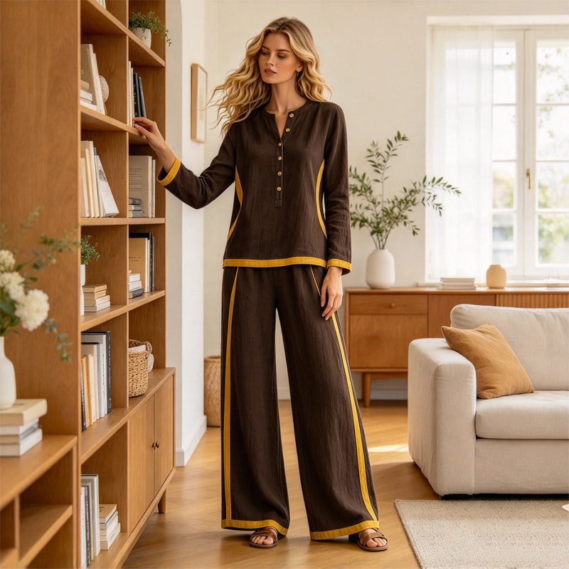 🔥Women's Colorblock Long Sleeve Top & Wide-Leg Pants Set✨